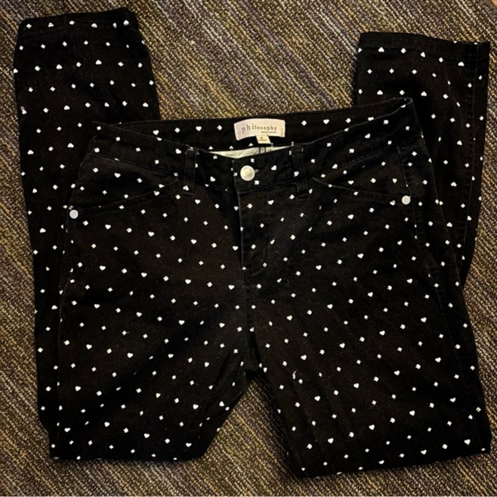 Philosophy Black and White hearts and spades Skinny Jeans size 8 cords